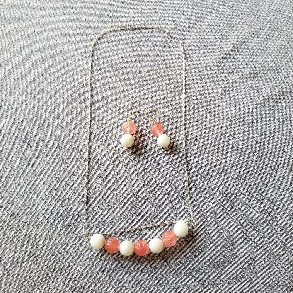 New Sterling Silver and gemstone necklace and earrings with carved cherry quartz